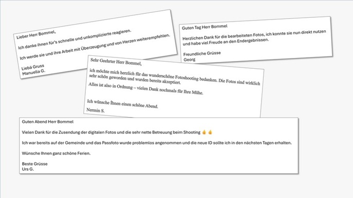 Positives Kundenfeedback zu Bewerbungsfotos & Passfotos im Fotostudio mb-fotoshooting.ch